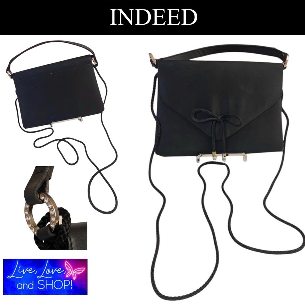 INDEED Black Satin Mini Bag w/Bow & Rhinestone Beading, Vintage. GUC
